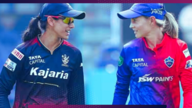 Smriti Mandhana representing Royal Challengers Bangalore women and Meg Lanning representing Delhi Capitals women, both captains, standing together.