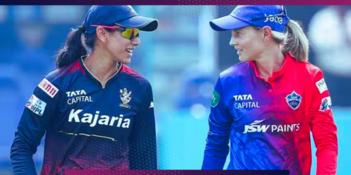 Smriti Mandhana representing Royal Challengers Bangalore women and Meg Lanning representing Delhi Capitals women, both captains, standing together.