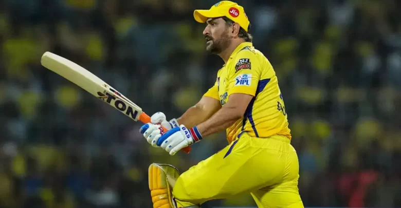 MS Dhoni playing a shot in the CSK vs GT match in IPL 2024