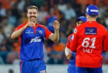 Anrich Nortje celebrates with Delhi Capitals teammates in the IPL