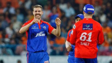 Anrich Nortje celebrates with Delhi Capitals teammates in the IPL