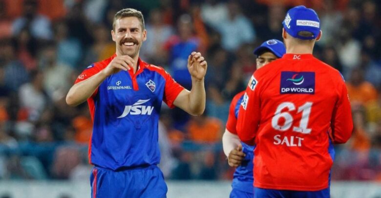 Anrich Nortje celebrates with Delhi Capitals teammates in the IPL