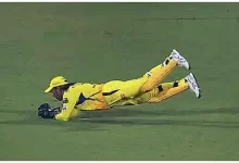 MS Dhoni taking a diving catch in IPL 2024 match against GT