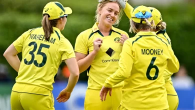 Georgia Wareham celebrating after taking a wicket in Bangladesh