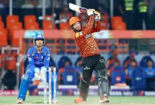 Heinrich Klaasen playing a big shot during the match with MI in IPL 2024