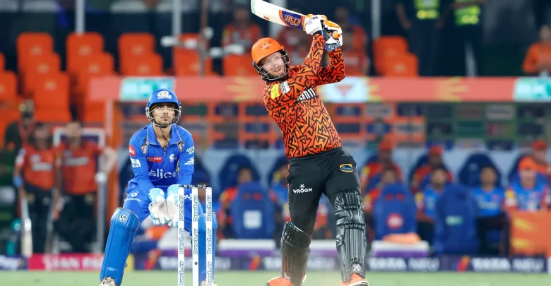 Heinrich Klaasen playing a big shot during the match with MI in IPL 2024