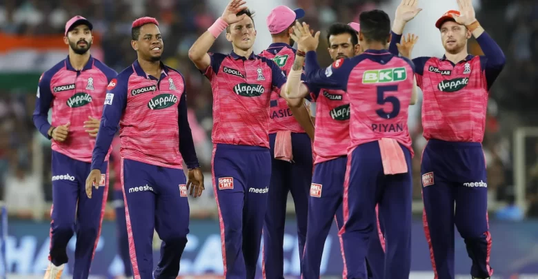 Rajasthan Royals players celebrating after taking a wicket in IPL