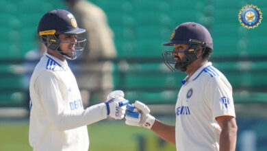 Rohit Sharma celebrating his century with Shubman Gill in the 2024 Test match against England in Dharamsala.