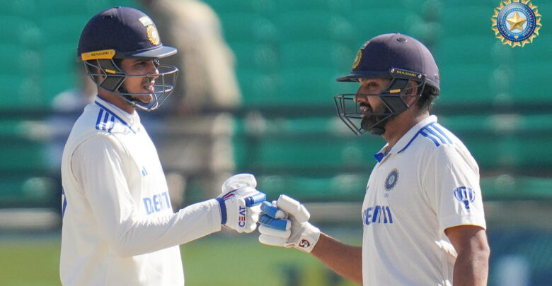 Rohit Sharma celebrating his century with Shubman Gill in the 2024 Test match against England in Dharamsala.