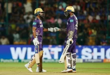 Venkatesh Iyer and Sunil Narine playing a shot in the match against RCB by KKR in IPL 2024