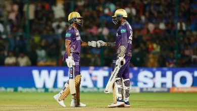 Venkatesh Iyer and Sunil Narine playing a shot in the match against RCB by KKR in IPL 2024