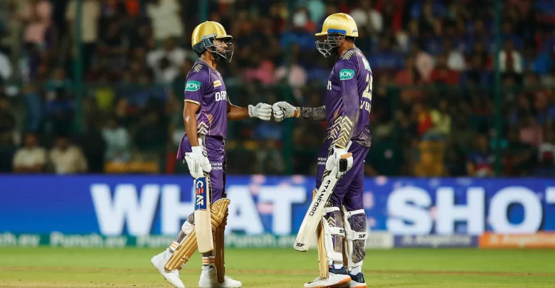 Venkatesh Iyer and Sunil Narine playing a shot in the match against RCB by KKR in IPL 2024