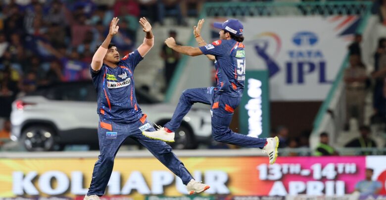 Yash Thakur and Ravi Bishnoi celebrating after taking a wicket against LSG IPL 2024