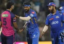 Hardik Pandya of Mumbai Indians shaking hands with a Rajasthan Royals player in IPL.