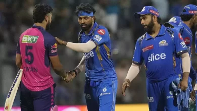 Hardik Pandya of Mumbai Indians shaking hands with a Rajasthan Royals player in IPL.