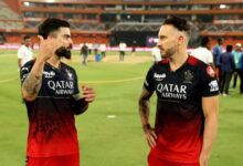 RCB player Kohli and Faf du Plessis discussing strategy in IPL 2024