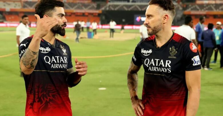 RCB player Kohli and Faf du Plessis discussing strategy in IPL 2024