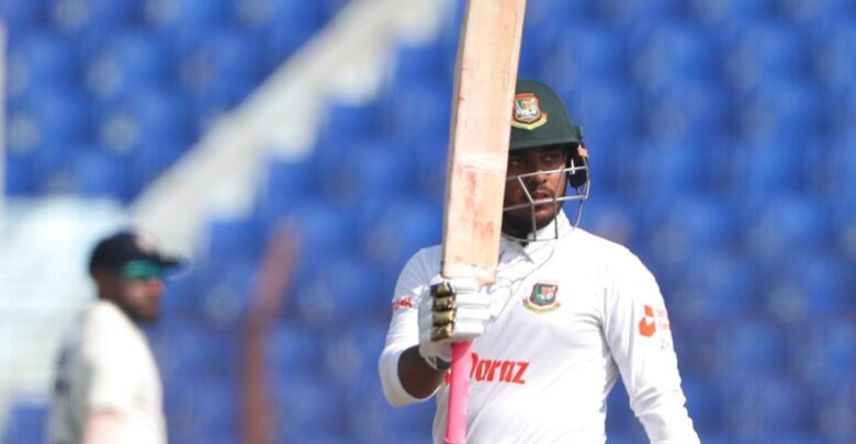 Zakir Hasan playing a great shot in the Test match between Sri Lanka and Bangladesh 2024