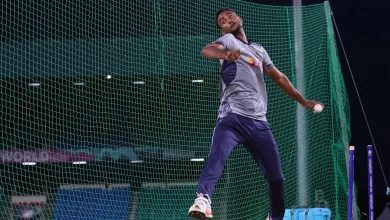 Shoriful Islam practicing bowling during Bangladesh's net session