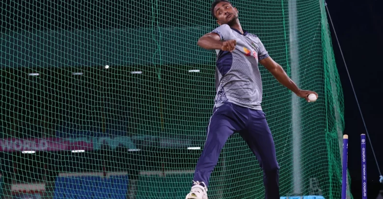 Shoriful Islam practicing bowling during Bangladesh's net session