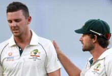 Josh Hazlewood suffers a hamstring injury during the match against New Zealand