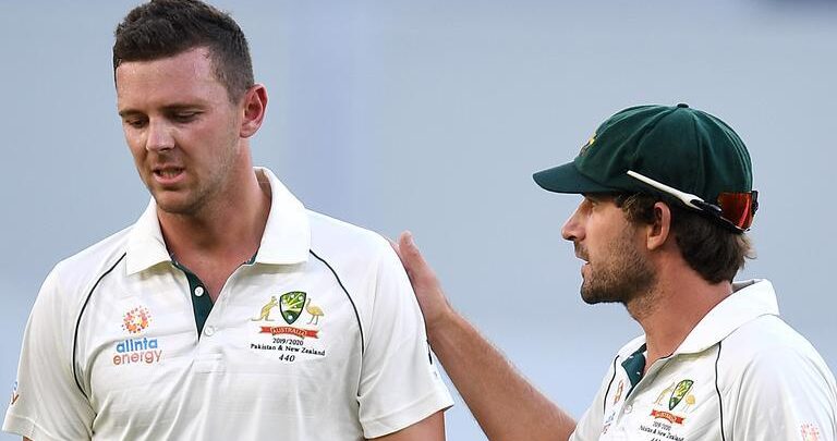 Josh Hazlewood suffers a hamstring injury during the match against New Zealand