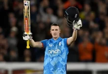 Harry Brook celebrating his maiden ODI century during the match against Australia.