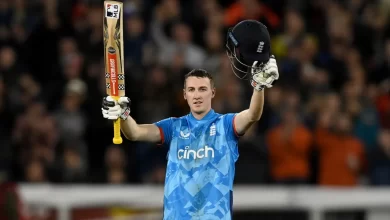 Harry Brook celebrating his maiden ODI century during the match against Australia.