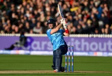 Liam Livingstone hitting a six against Australia during the fourth ODI at Lord's.