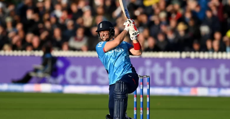 Liam Livingstone hitting a six against Australia during the fourth ODI at Lord's.