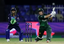 Fatima Sana celebrates after leading Pakistan to a 31-run win over Sri Lanka in the T20 World Cup.