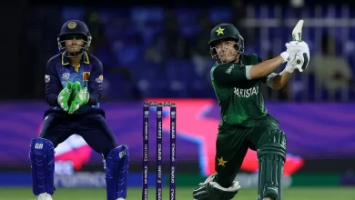 Fatima Sana celebrates after leading Pakistan to a 31-run win over Sri Lanka in the T20 World Cup.