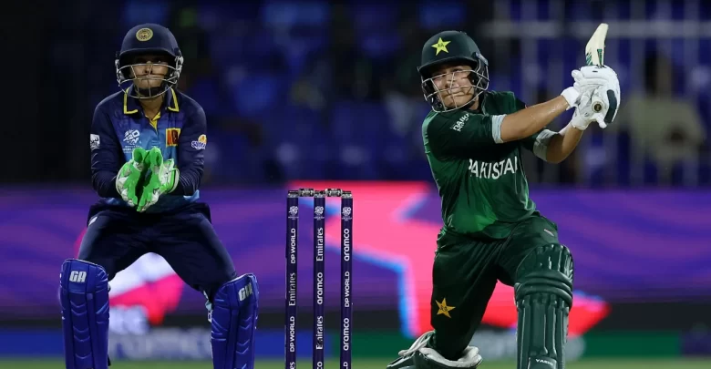 Fatima Sana celebrates after leading Pakistan to a 31-run win over Sri Lanka in the T20 World Cup.