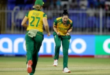 Marizanne Kapp celebrates after taking a wicket during South Africa’s crucial match against Bangladesh in the Women’s T20 World Cup 2024.