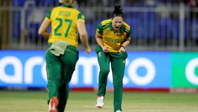 Marizanne Kapp celebrates after taking a wicket during South Africa’s crucial match against Bangladesh in the Women’s T20 World Cup 2024.