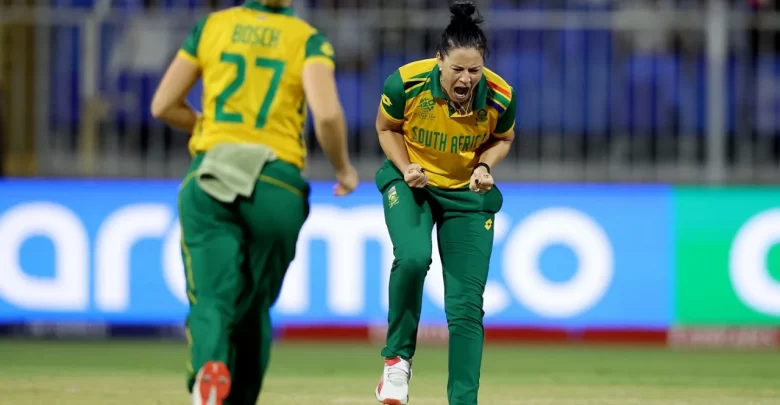 Marizanne Kapp celebrates after taking a wicket during South Africa’s crucial match against Bangladesh in the Women’s T20 World Cup 2024.