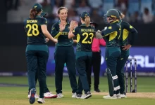 Ashleigh Gardner celebrating a wicket in Australia's win over Pakistan in the Women's T20 World Cup 2024.