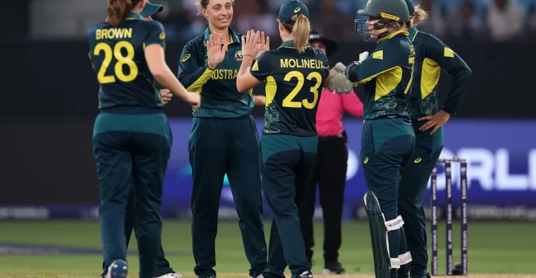 Ashleigh Gardner celebrating a wicket in Australia's win over Pakistan in the Women's T20 World Cup 2024.