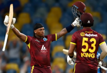 Keacy Carty and Brandon King celebrate their record partnership leading to West Indies' series win over England