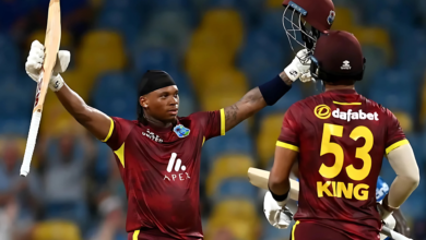 Keacy Carty and Brandon King celebrate their record partnership leading to West Indies' series win over England