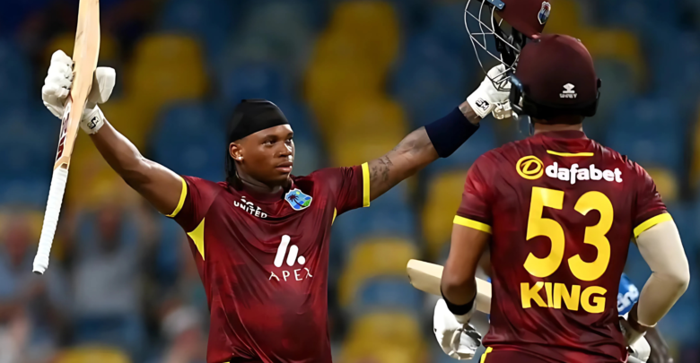 Keacy Carty and Brandon King celebrate their record partnership leading to West Indies' series win over England