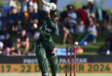 Saim Ayub celebrates his century against South Africa in the opening ODI.