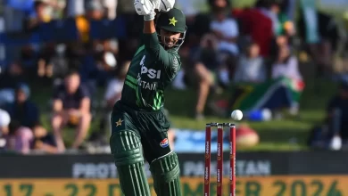 Saim Ayub celebrates his century against South Africa in the opening ODI.