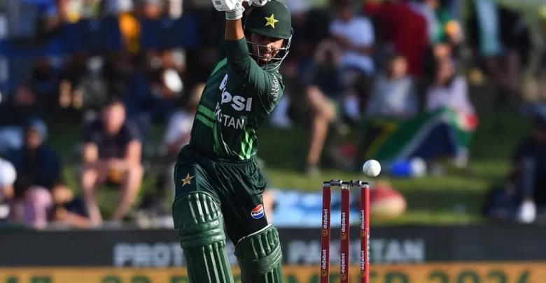 Saim Ayub celebrates his century against South Africa in the opening ODI.