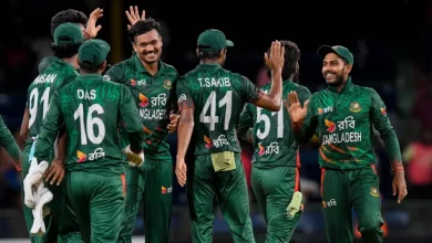 Taskin Ahmed celebrates an early wicket during Bangladesh’s dominant T20I series win over West Indies.