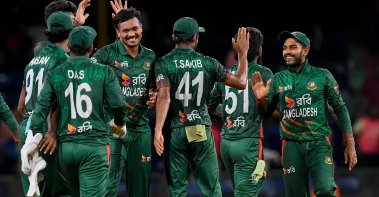 Taskin Ahmed celebrates an early wicket during Bangladesh’s dominant T20I series win over West Indies.