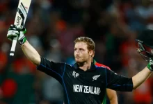 Martin Guptill celebrating his unbeaten 237 runs in the 2015 ICC World Cup Quarter-final match against the West Indies.