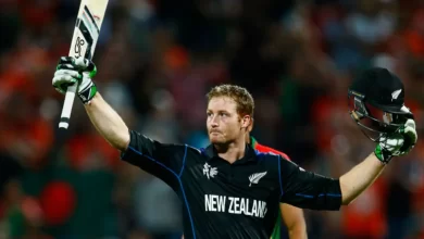 Martin Guptill celebrating his unbeaten 237 runs in the 2015 ICC World Cup Quarter-final match against the West Indies.