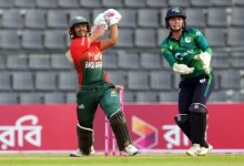 Sobhana Mostary hitting sixes in a T20I match against Ireland.