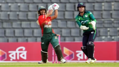 Sobhana Mostary hitting sixes in a T20I match against Ireland.